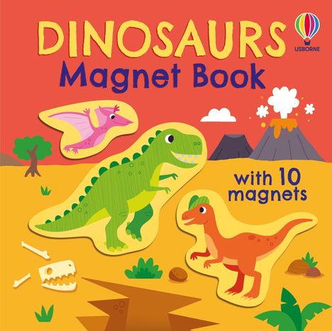 Text: "DINOSAURS Magnet Book with 10 magnets". Illustration von Dinosauriern, Vulkan, Bäumen und Fossilien in sonniger Landschaft.