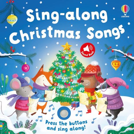 „Sing-along Christmas Songs“ und „Press the buttons and sing along!“. Illustration mit Tieren, die Weihnachtslieder singen.