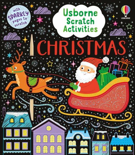 "Usborne Scratch Activities Christmas", Illustrationen von Weihnachtsmann im Schlitten mit Rentier, Geschenken und Schneeflocken.