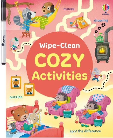 Text: „Wipe-Clean COZY Activities, mazes, drawing, puzzles, spot the difference.“ Illustration: Tiere in gemütlichen Szenen.