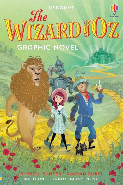 "The Wizard of Oz" Graphic Novel. Illustration von vier Charakteren: Löwe, Blechmann, Mädchen und Vogelscheuche auf gelbem Weg.
