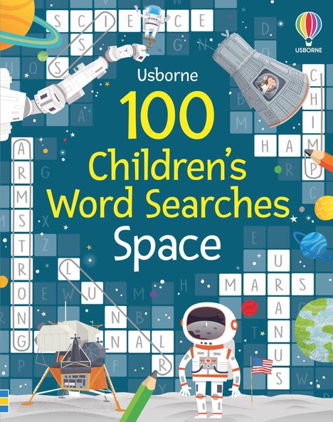 Text: "Usborne 100 Children's Word Searches Space." Illustration mit Weltraumthema: Astronaut, Raumschiff, Planeten.