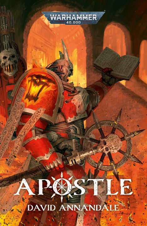 "Warhammer 40,000" oben, "Apostle" unten, "David Annandale". Ritterartige Figur in Rüstung mit Buch, Flammen und Schädel.