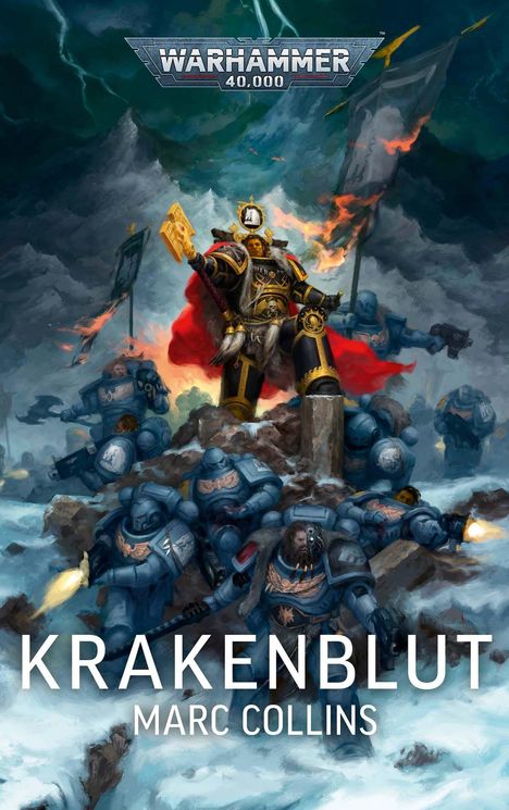 Text: "WARHAMMER 40,000", "KRAKENBLUT", "MARC COLLINS".  
Illustration: Ein Krieger in Rüstung, umgeben von Truppen in Schneelandschaft.