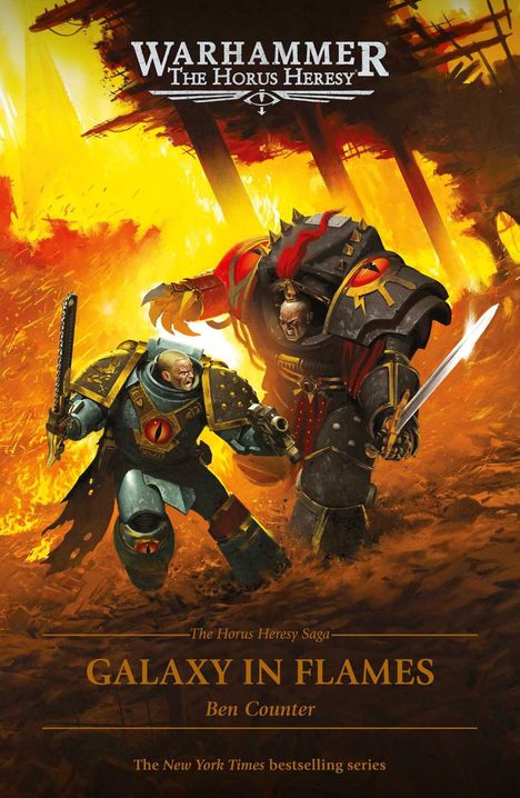 "Warhammer: The Horus Heresy", "Galaxy in Flames", Ben Counter. Zwei Krieger in Rüstungen kämpfen in einem brennenden Hintergrund.