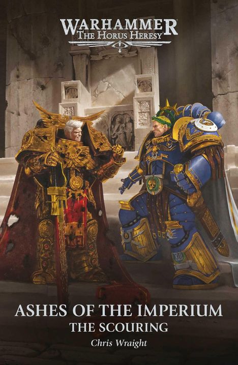 "Ashes of the Imperium: The Scouring, Chris Wraight." Zwei Figuren in eindrucksvollen, verzierten Rüstungen stehen sich gegenüber.