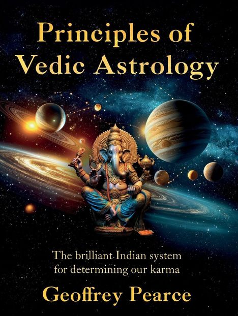 "Principles of Vedic Astrology" zeigt einen bunten Ganesha vor einem Weltraumhintergrund mit Planeten und Sternen.