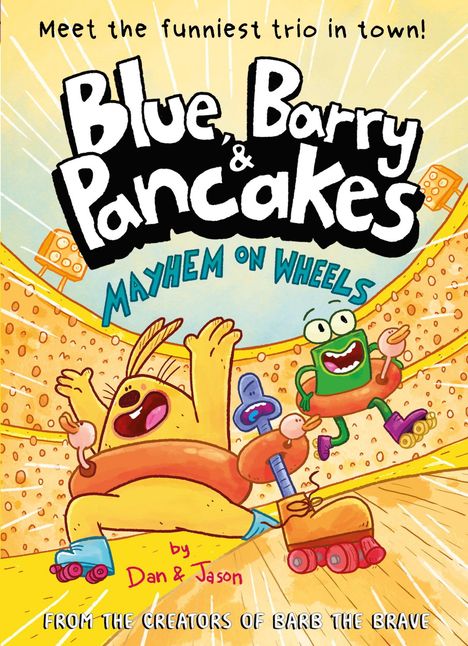 "Blue, Barry & Pancakes: Mayhem on Wheels" zeigt fröhliche Figuren auf Rollschuhen in einer bunten Arena.