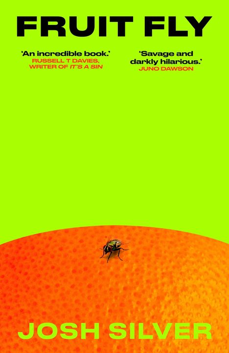 Text: "FRUIT FLY", "A raw, visceral triumph", "Bold, uncomfortable and very, very funny", "Sharp, propulsive, and deeply humane", "An absolute masterpiece", "JOSH SILVER". Darunter eine Fliege auf einer orangefarbenen Oberfläche. Hintergrund in hellem Grün.