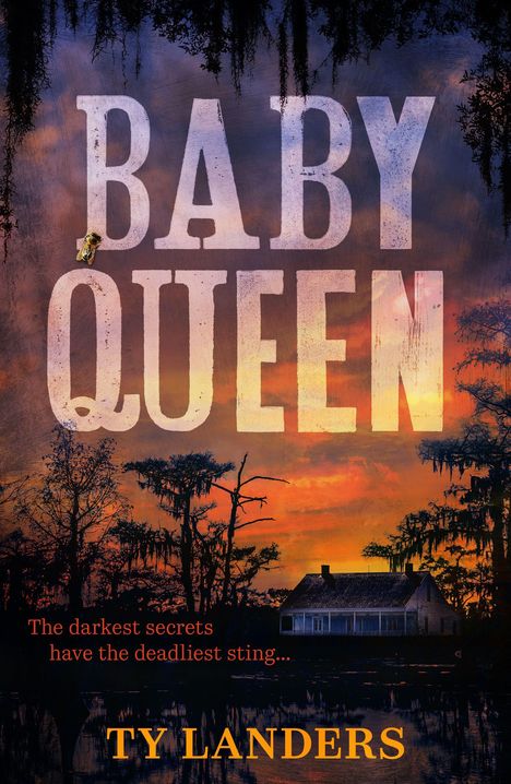 Text: "BABY QUEEN", "The darkest secrets have the deadliest sting...", "TY LANDERS". Silhouette eines Hauses bei Sonnenuntergang.
