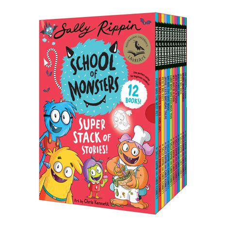 "School of Monsters," 12 Bücher, bunte Monsterillustrationen auf einer roten Box, fröhliche und verspielte Darstellung.