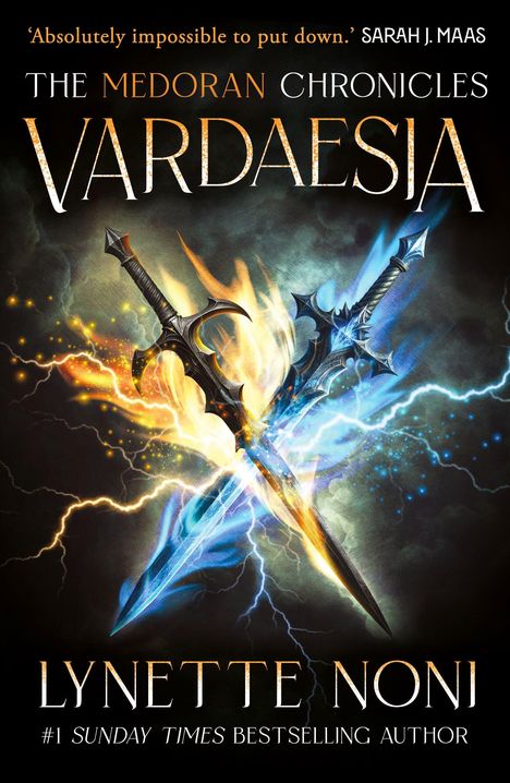 „Absolutely impossible to put down.“ Zwei Schwerter, umgeben von blauen und goldenen Energieblitzen, kreuzen sich.