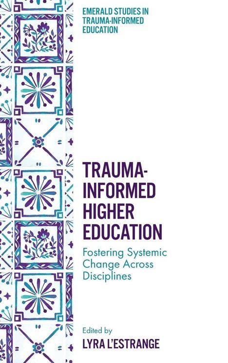 "Trauma-Informed Higher Education" Buchumschlag mit violett-türkiser Fliesenmusterbordüre.