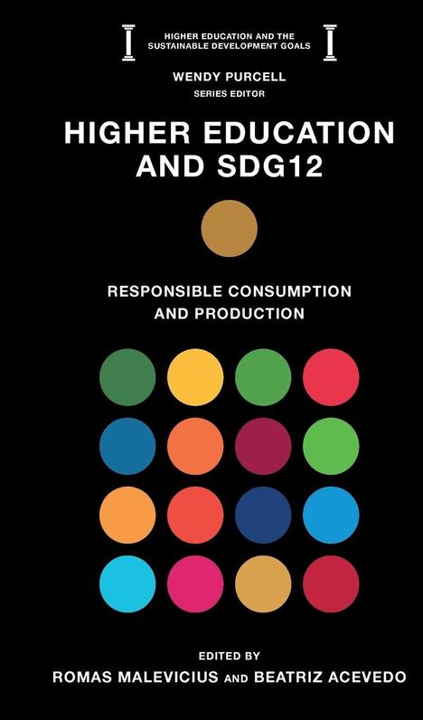 Weißer Text auf Schwarz zu Hochschulbildung und SDG12, bunte Kreise darunter, Buchcover-Design.