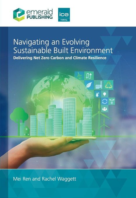 Titel: Navigating an Evolving Sustainable Built Environment. Hand hält grüne, futuristische Stadt, Globus im Hintergrund.