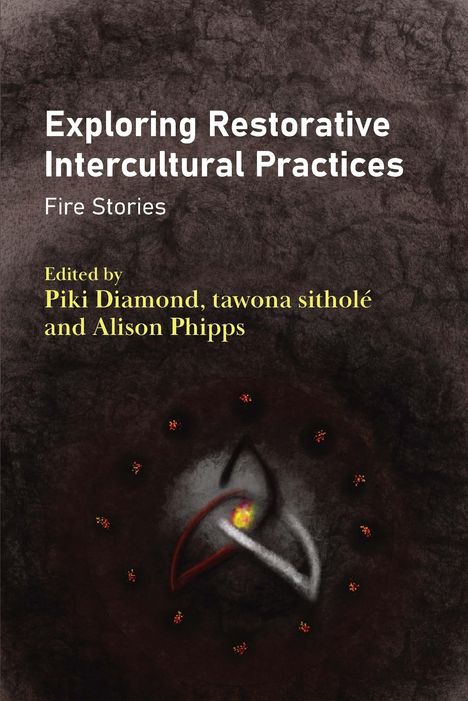 Text: "Exploring Restorative Intercultural Practices: Fire Stories. Edited by Piki Diamond, tawona sitholé and Alison Phipps."  
Dunkler Hintergrund mit abstrakter Grafik.