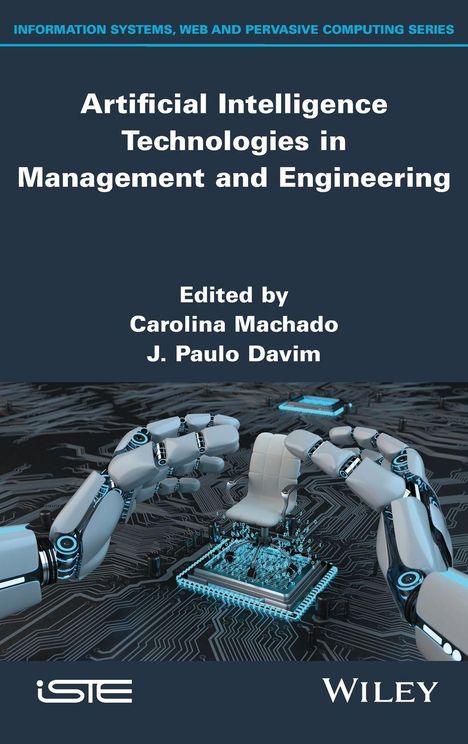 "Artificial Intelligence Technologies in Management and Engineering" oben auf dunklem Hintergrund. Roboterhände umfassen einen Chip.