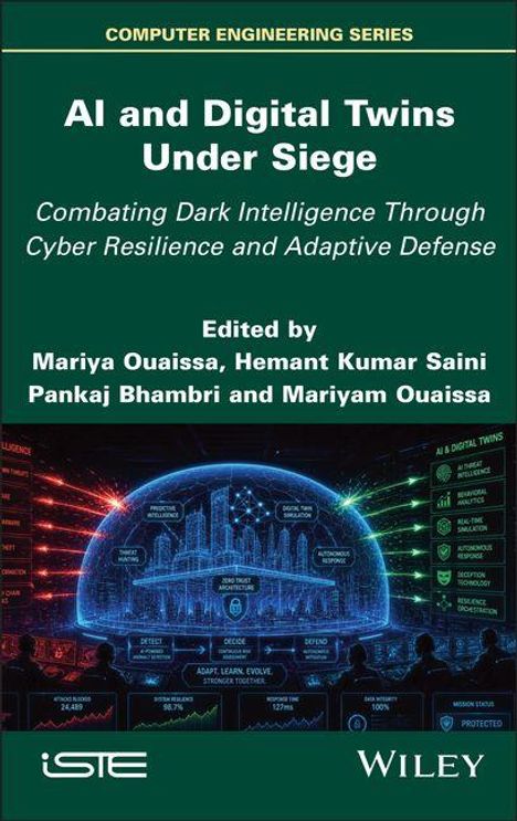 "AI and Digital Twins Under Siege" Titel, mit Subtitel über Abwehrstrategien. Unten digitale Stadt-Silhouette und Logos von ISTE und WILEY.