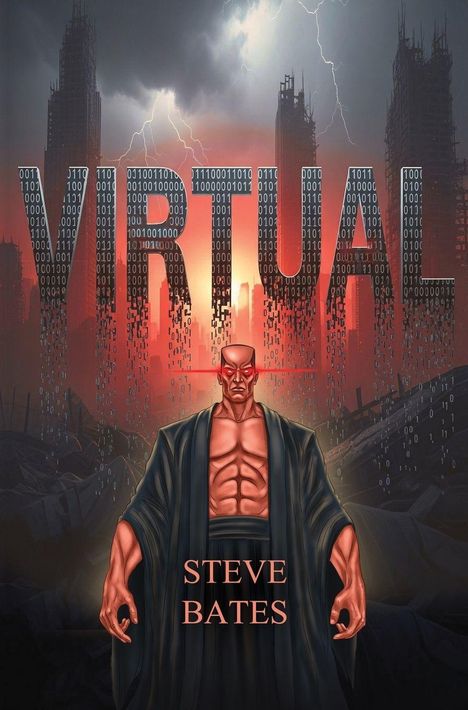 Text: "VIRTUAL" und "STEVE BATES". Illustration: Muskulöser Mann, roter Himmel, Blitze, kaputte Gebäude im Hintergrund.