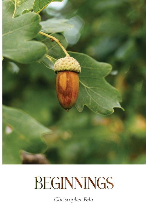 "BEGINNINGS" und "Christopher Fehr". Eine Eichel hängt an einem Zweig mit grünen Blättern.