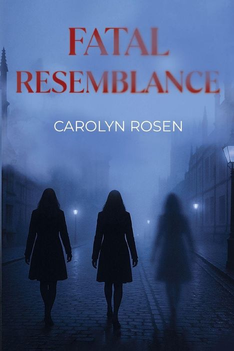 Text: "FATAL RESEMBLANCE" und "CAROLYN ROSEN". Drei Frauen im Nebel, auf einer gepflasterten Straße, unter Straßenlaternen.
