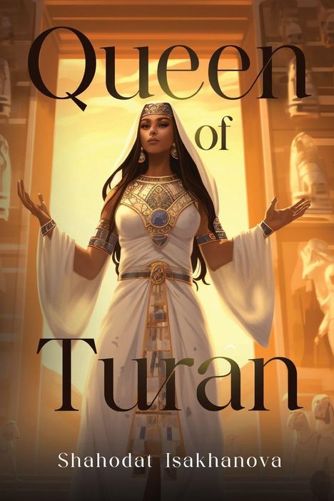 „Queen of Turan“, Shahodat Isakhanova. Eine Frau in antikem Gewand mit majestätischer Pose, umgeben von Statuen.