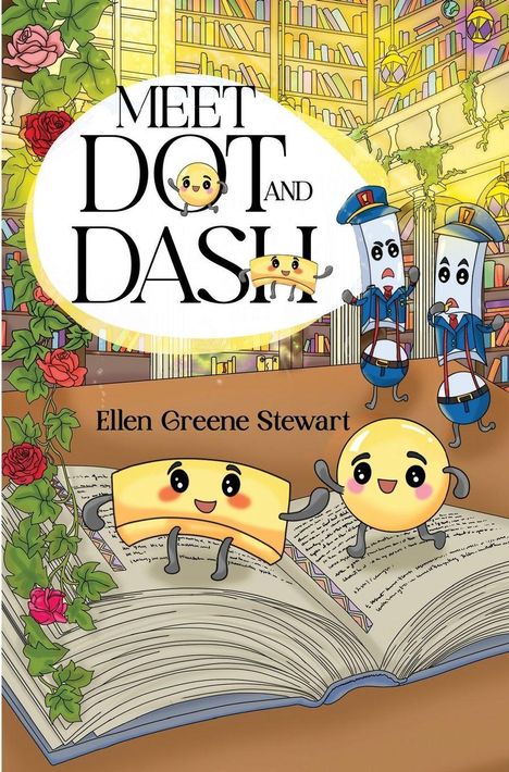 "Meet Dot and Dash" und "Ellen Greene Stewart". Illustration von fröhlichen Emoticons in einer bunten Bibliothek.