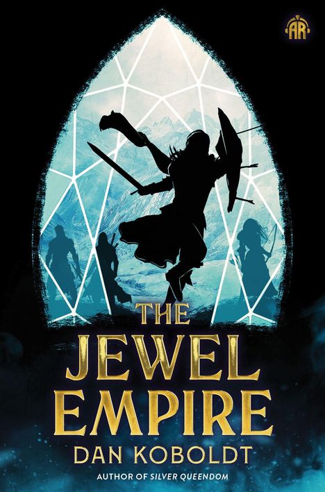 "The Jewel Empire. Dan Koboldt." Silhouette einer kriegerischen Gestalt vor einer eisig blauen, glasartigen Kulisse.