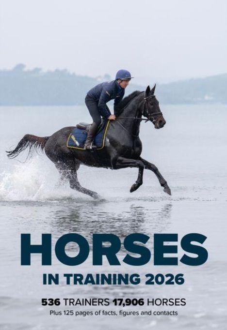 Text: "HORSES IN TRAINING 2026. 536 TRAINERS 17,906 HORSES." 

Mensch reitet schwarzes Pferd im Wasser.