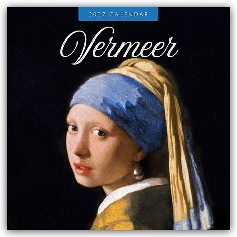 "2027 Calendar", "Vermeer". Mädchen mit Perlenohrring vor dunklem Hintergrund, berühmtes Gemälde.