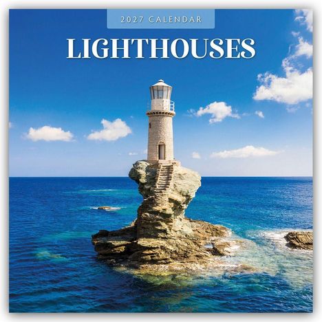 2027 Calendar, Lighthouses. Ein Leuchtturm steht auf einem Felsen im Meer unter blauem Himmel mit wenigen Wolken.