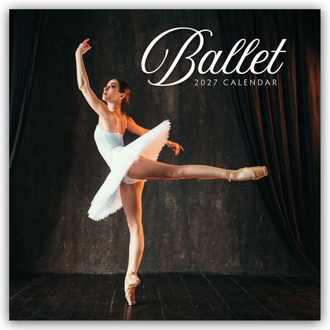 „Ballet 2027 Calendar“ steht in eleganter Schrift. Eine Ballerina im weißen Kleid in einer anmutigen Pose.
