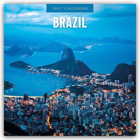 "2027 Calendar" und "Brazil" stehen oben, darunter eine beleuchtete Stadtansicht mit Meer und Bergen im Hintergrund.