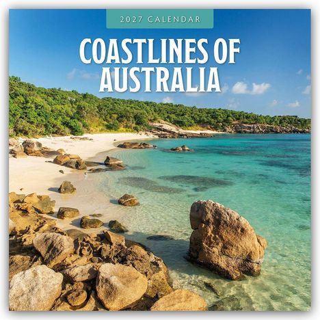 „2027 Calendar“ und „Coastlines of Australia“. Eine Küstenszene mit klarem Wasser, Strand und grünen Bäumen.