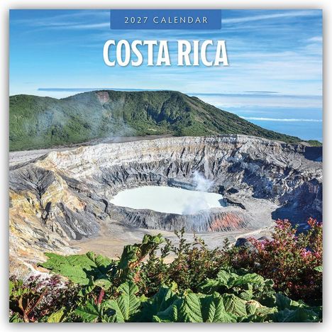 Text: "2027 Calendar - Costa Rica". Vulkankrater mit dampfendem See, umgeben von grünen Bergen und Vegetation im Vordergrund.