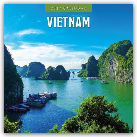 "2027 Calendar" und "Vietnam". Reisterrassen an einem Fluss mit üppiger Vegetation und Hügeln im Hintergrund.