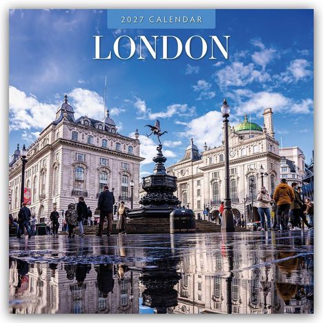 Text: "2027 Calendar London". Szene: Platz mit Brunnen und klassischen Gebäuden, Menschen im Vordergrund.