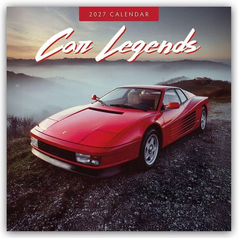 Text: "2027 Calendar" oben, "Car Legends" darunter. Ein rotes Auto steht im Vordergrund vor einer nebeligen Landschaft.