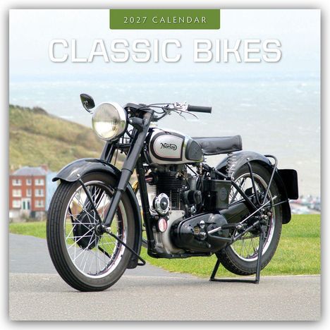 "2027 CALENDAR", "CLASSIC BIKES" oben. Ein klassisches Motorrad auf einem Weg, im Hintergrund grüne Hügel.