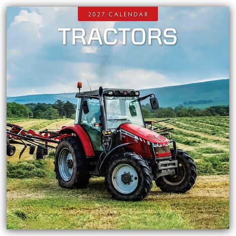 Text: "2027 Calendar, Tractors". Ein roter Traktor steht auf einem Feld, umgeben von Bäumen und blauem Himmel.