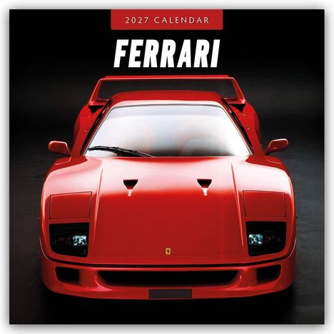 2027 CALENDAR, FERRARI: Roter Ferrari Sportwagen, frontal. Brillante, glatte Oberfläche. Markantes Design.