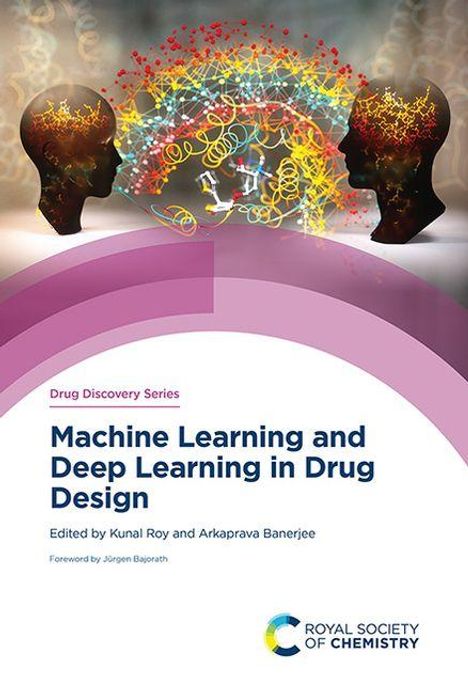 „Machine Learning and Deep Learning in Drug Design“. Zwei Kopf-Silhouetten mit neuronalen Netzwerken dazwischen.