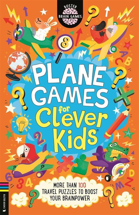"PLANE GAMES for Clever Kids" ist in großen Buchstaben geschrieben. Bunte Illustrationen von Tieren in Flugzeugen.