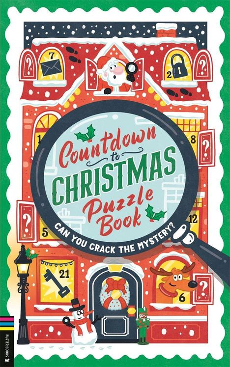 "Countdown to Christmas Puzzle Book. Can you crack the mystery?" Weihnachts-themed Illustration, mit Zahlen auf Türen.