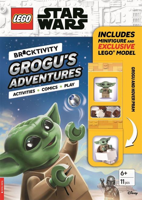 "Grogu's Adventures" LEGO-Set mit 11 Teilen. Illustration von Grogu und einem LEGO-Modell. Enthält Minifigur. Ab 6 Jahren.