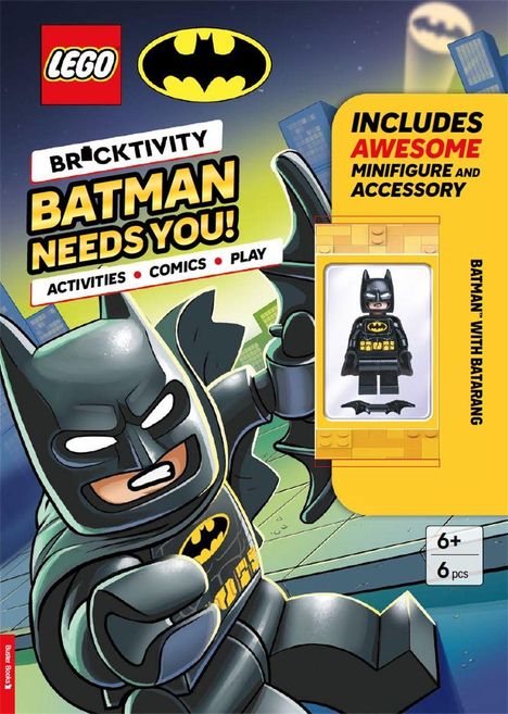 „BRICKTIVITY: BATMAN NEEDS YOU! Activities, Comics, Play. Includes awesome minifigure and accessory.“ LEGO-Logo oben.