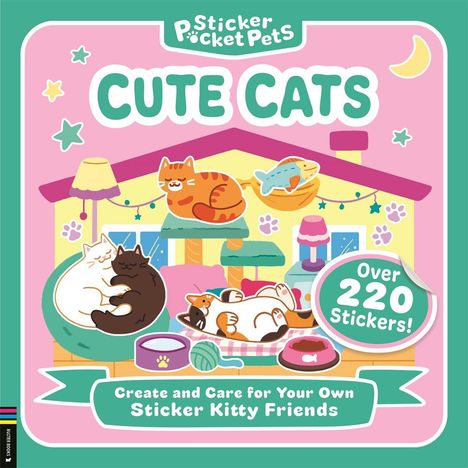 "Cute Cats", "Over 220 Stickers!", "Create and Care for Your Own Sticker Kitty Friends." Illustration von niedlichen Katzen.