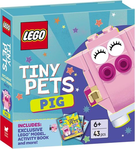 LEGO "TINY PETS PIG", exklusives Modell, Buch, 6+, 43 Teile. Bild eines rosa LEGO-Schweins, bunter Hintergrund mit Sternen.