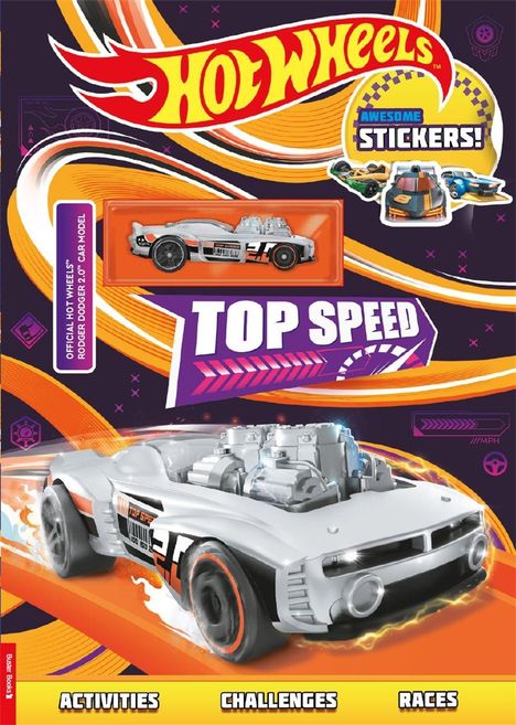 "Hot Wheels", "Awesome Stickers!", "Top Speed", "Activities", "Challenges", "Races". Ein Sportwagen auf buntem Hintergrund.