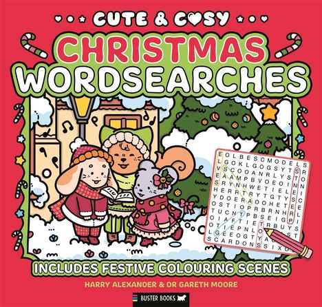 "Cute & Cosy Christmas Wordsearches." Drei Figuren im Winter, eine Wortsuche und Weihnachtsbaum.
